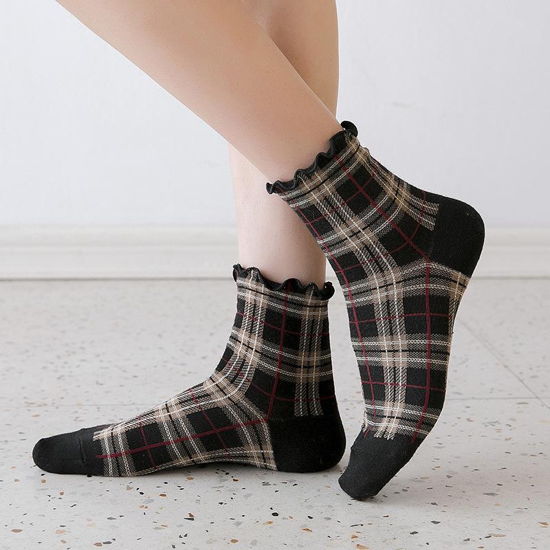 3 páry/lot Letní krátké ponožky Dámské Střapcové okraje Dívčí Studentský styl Retro Dámský styl JP Bavlna Mladá dáma Kostkované Volánky