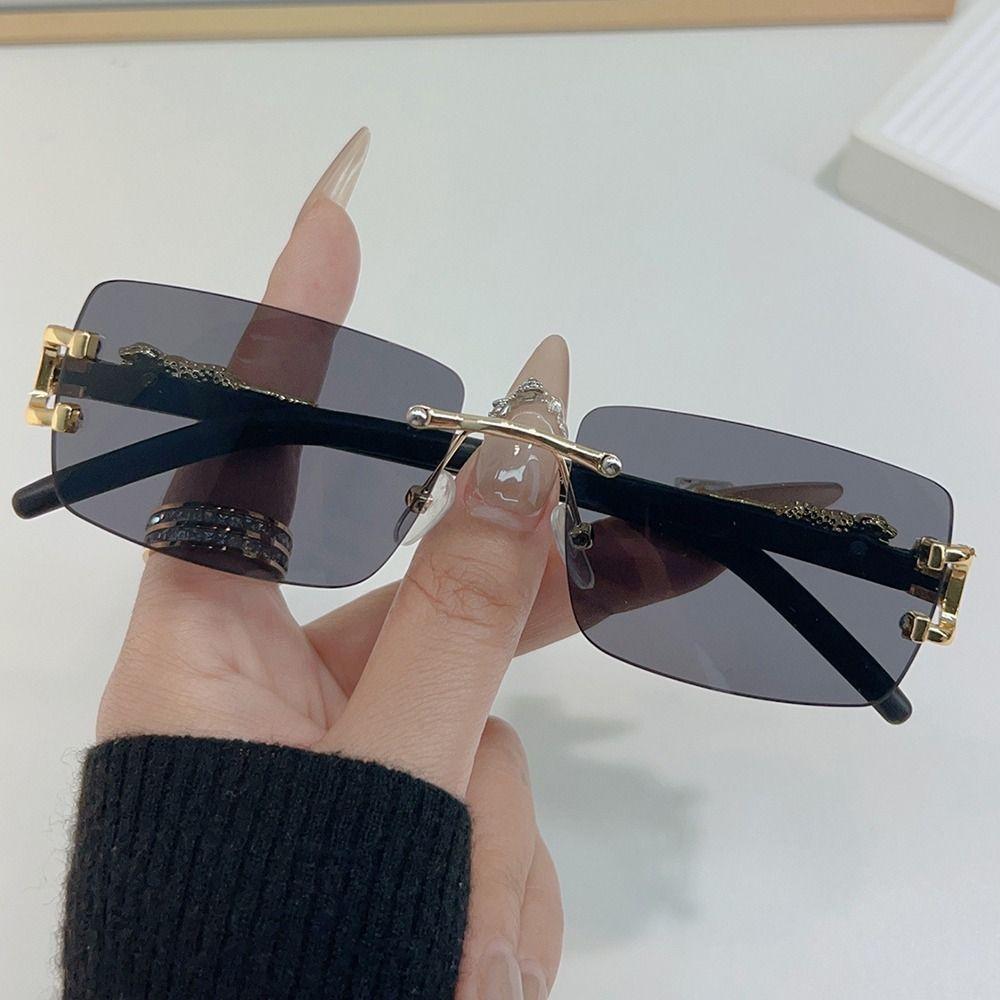 Leopard Decor Rectangular Sunglasses Metal Frame Cut-Edge Rimless Shades UV400 Protection Frameless Eyewear for Women & Men