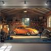 Un fond de garage lumineux avec des designs de voitures classiques et de motos - fabriqué en polyester résistant, décoration de garage