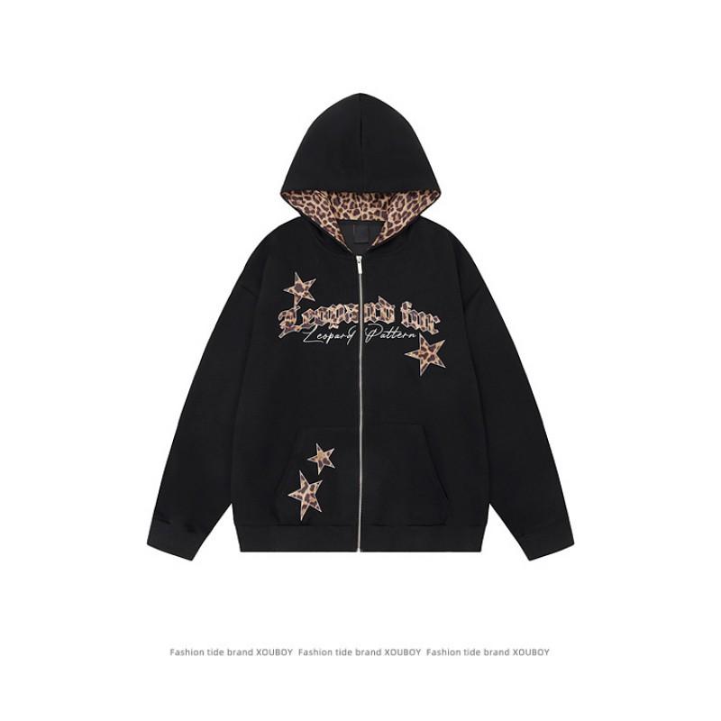 Felpa Unisex Oversize con Cappuccio e Zip con Stampa Leopardata e Design a Stelle Streetwear Casual