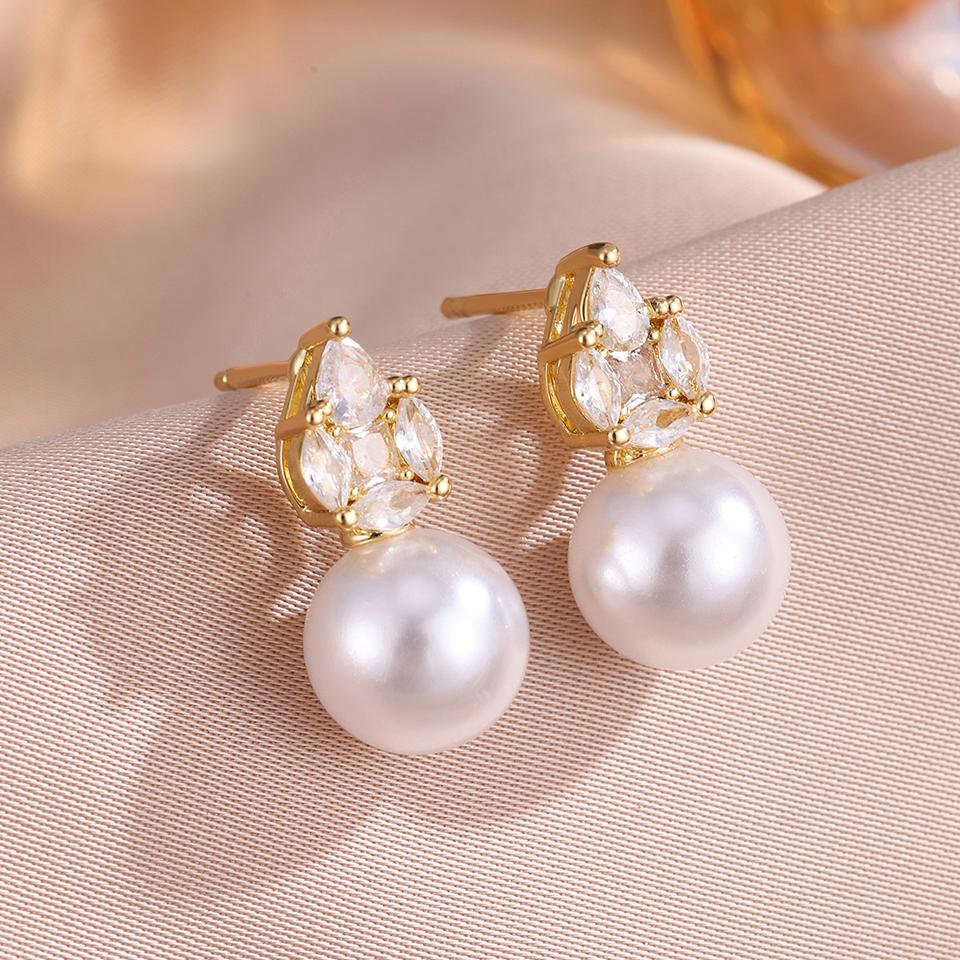 ZAKOL Fashion Water Drop CZ Zircon Imitation Pearl Stud Earrings For Women Elegant Wedding Party Bridal Jewelry