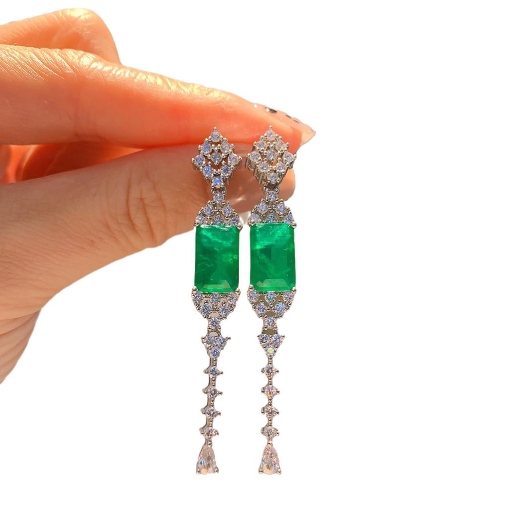 S111 Silver Needle Earrings Colored Zircon Fringed Earrings European and American Paraiba Long Earrings
