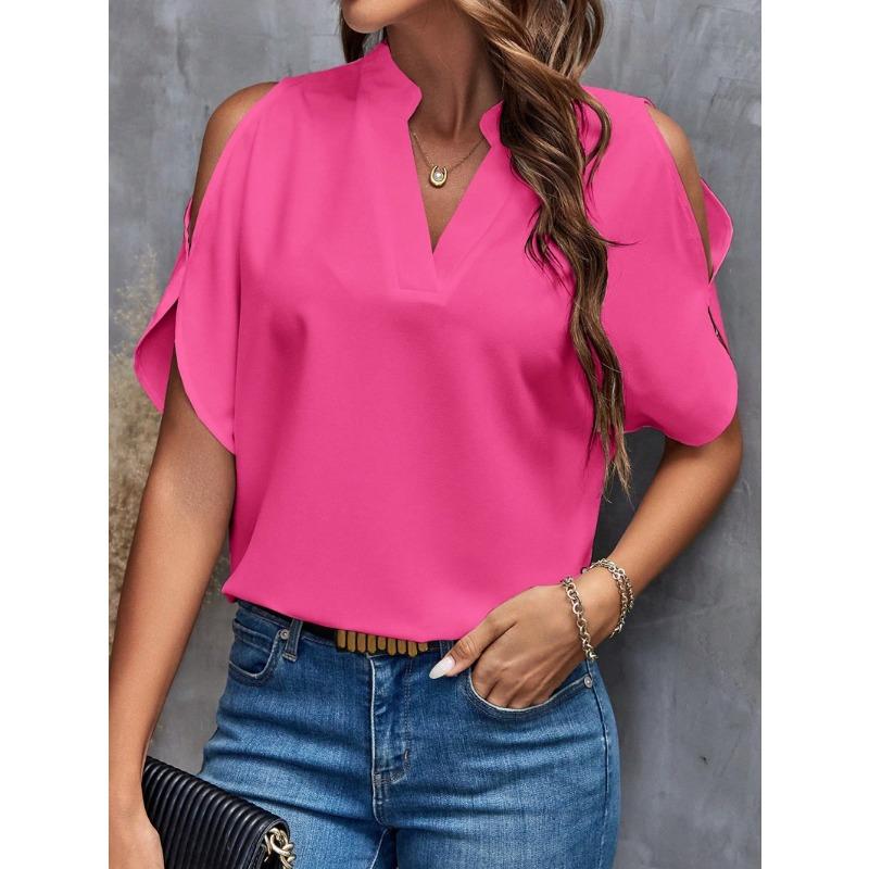 Women's summer new solid color V-neck temperament fashion off-the-shoulder sleeves women's top