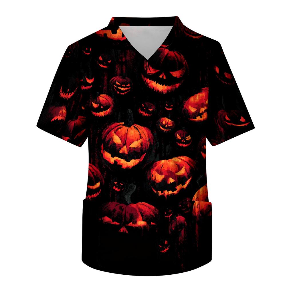 Men's Short Sleeve V-Neck Scrub Top with Chest Pocket Halloween Print