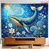 Decorative Mosaic Dolphin Wall Art Tapestry Ocean Mural Blue Sea Tropical Marine Life Hanging Wall Decor for Living Room Nursery