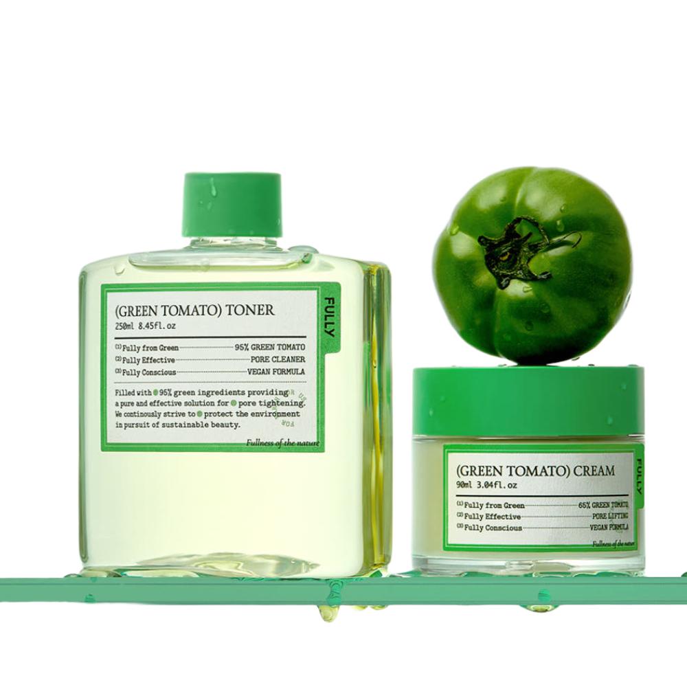 FULLY Green Tomato Toner 250ml + Cream 90ml Pore Tightening Skincare Set Vegan Hydrating K-Beauty