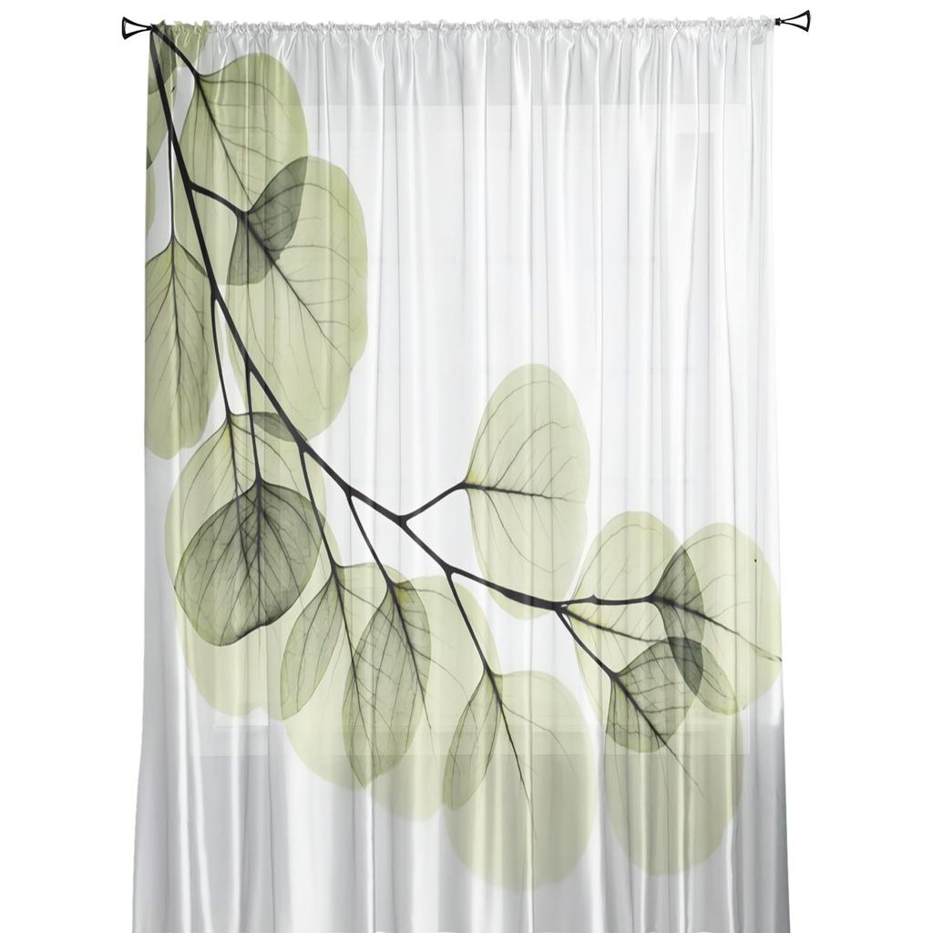 Grüne Blätter Zweige Einfacher Vorhang für Wohnzimmer Transparente Tüllvorhänge Fenstersheer für das Schlafzimmer Zubehör Dekor