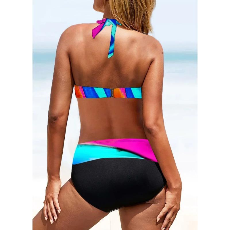 Moda Rayas Coloridas Estampadas Ropa de Playa Verano Trajes de Baño para Mujer Cintura Alta Sexy Trajes de Baño para Dama Dos Piezas S-5XL