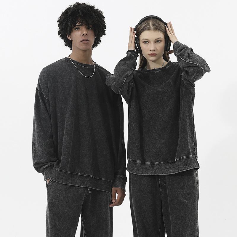 Vintage Batik Rundhals Oversized Sweatshirt - 350g Retro Gewaschen Locker Gestrickt