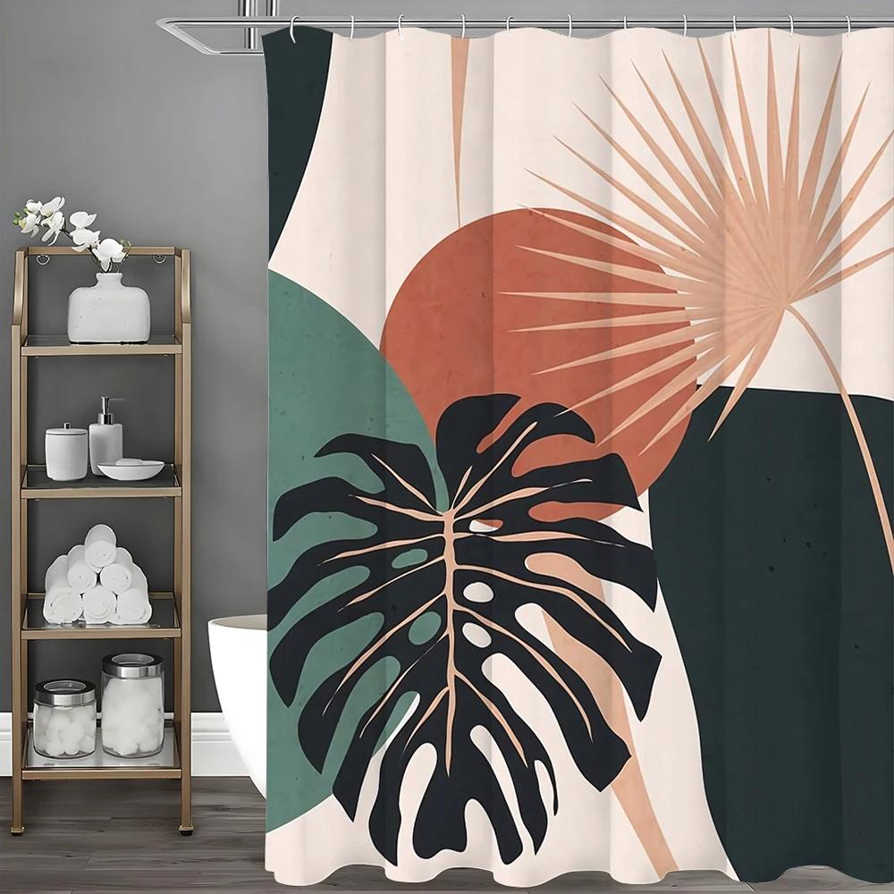 Mid Century Modern Bohemian Shower Curtain, Bohemian Arched Leaf Abstract Bathroom Decorative Shower Curtain, Waterproof Shower