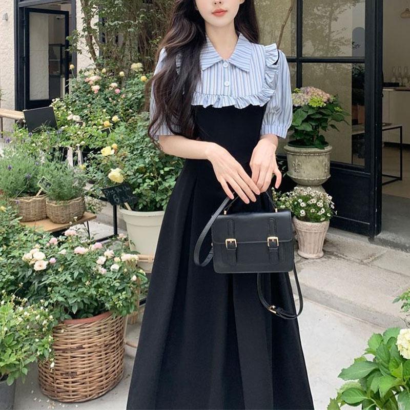 Preppy Style Polo-Neck Midi Dress Female Clothing Fake Two Pieces Summer A-Line Waist Fashion Ruffles Spliced Striped Dresses