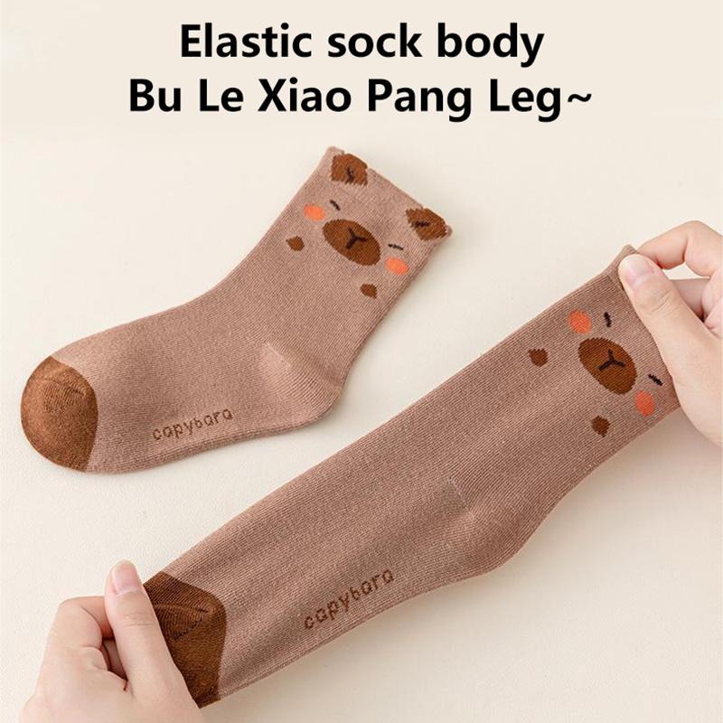 5Pairs Cartoon Capybara Print Mid-Tube Socks Breathable Soft Casual Socks Unisex Autumn Winter Coffee Keep Warm Mid-Tube Socks