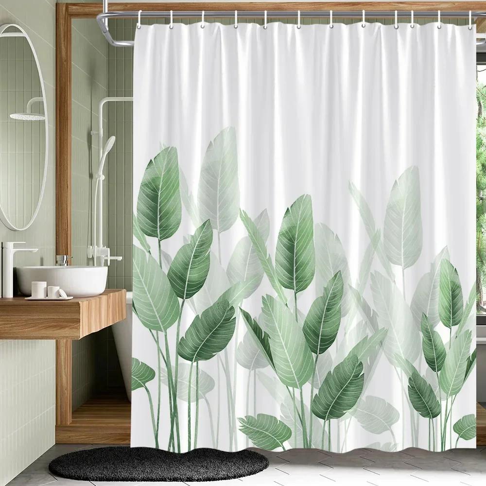 Plant Leaves Flower Bath Curtains Set Garden Floral Drum Tower Fabric Bathroom Decor Splash Resistant Partition Bath Curtains