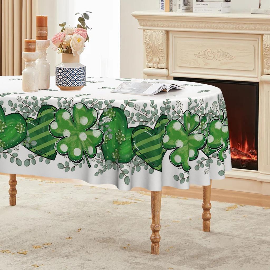 Horaldaily St. Patrick's Day Tablecloth 60×84 Inch Oval, Shamrock Love Heart Eucalyptus Washable Seasonal Table Cover for Party Picnic Dinner Decor