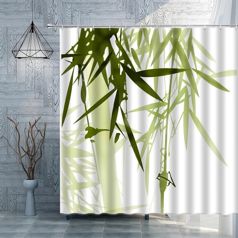 Bamboo Shower Curtain Plant Ink Painting Bathroom Curtain PolyesterFabric White Background Home Decoration With Hook Bath Decor