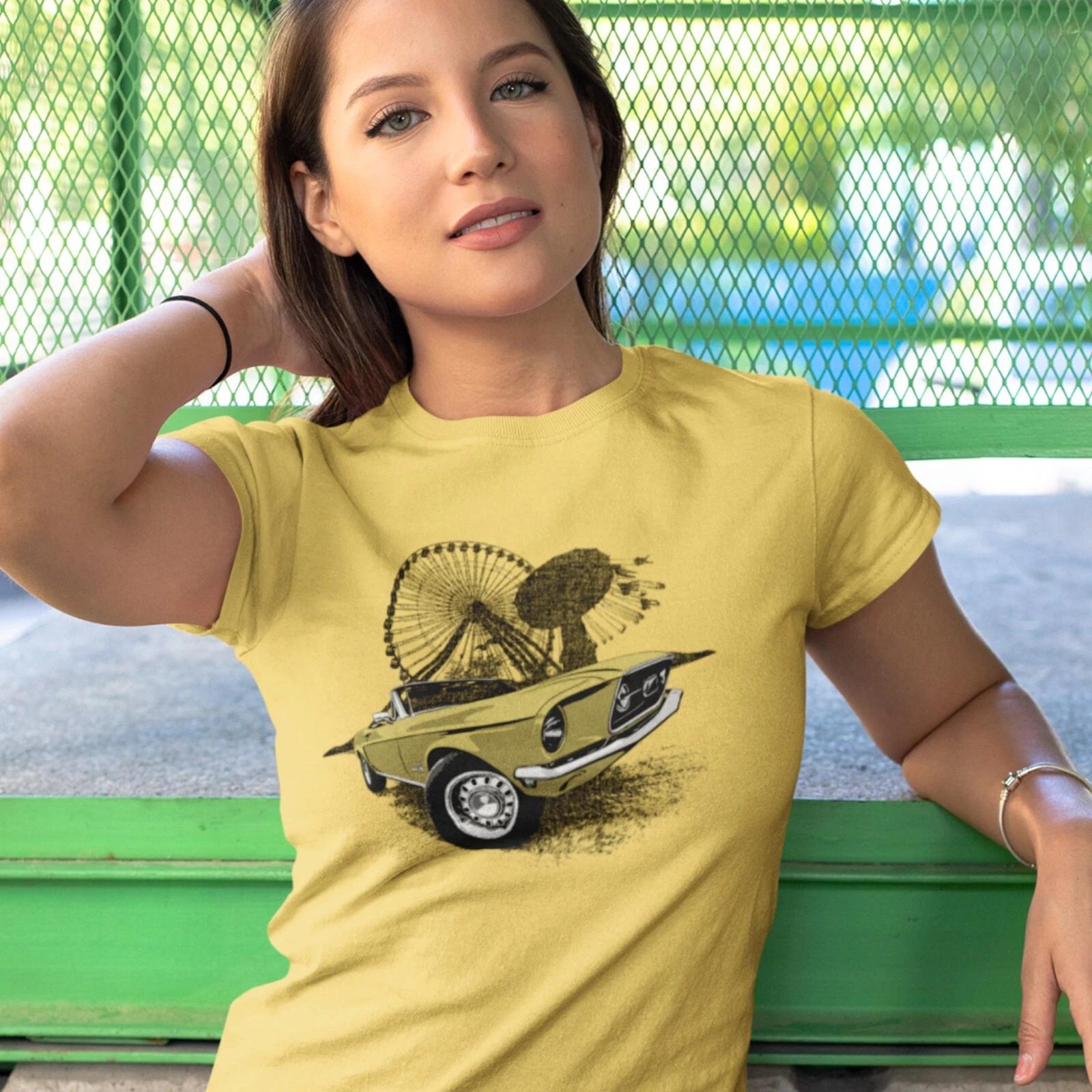 

Classic car shirt with Yellow 68 Mustang convertible against carnival backdrop M