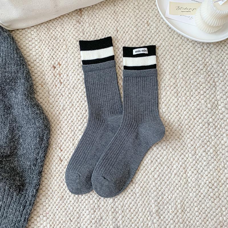 Female Autumn New Letter Cloth Label Double Collar Matching Color Stripe Boneless Tube Stack Socks