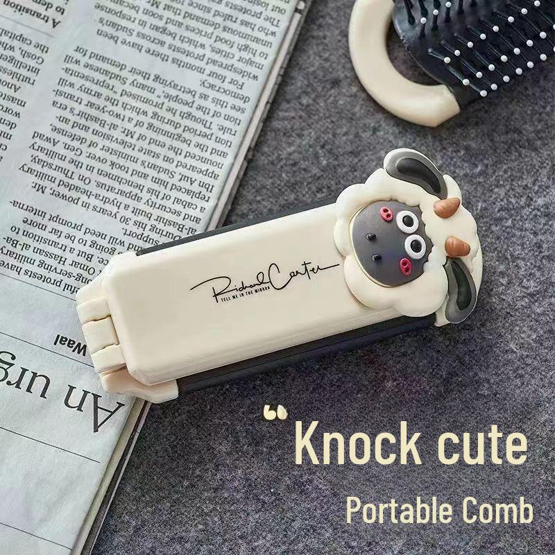 Milky White Portable Folding Comb with Air Cushion and Mirror for Hair Care Massage