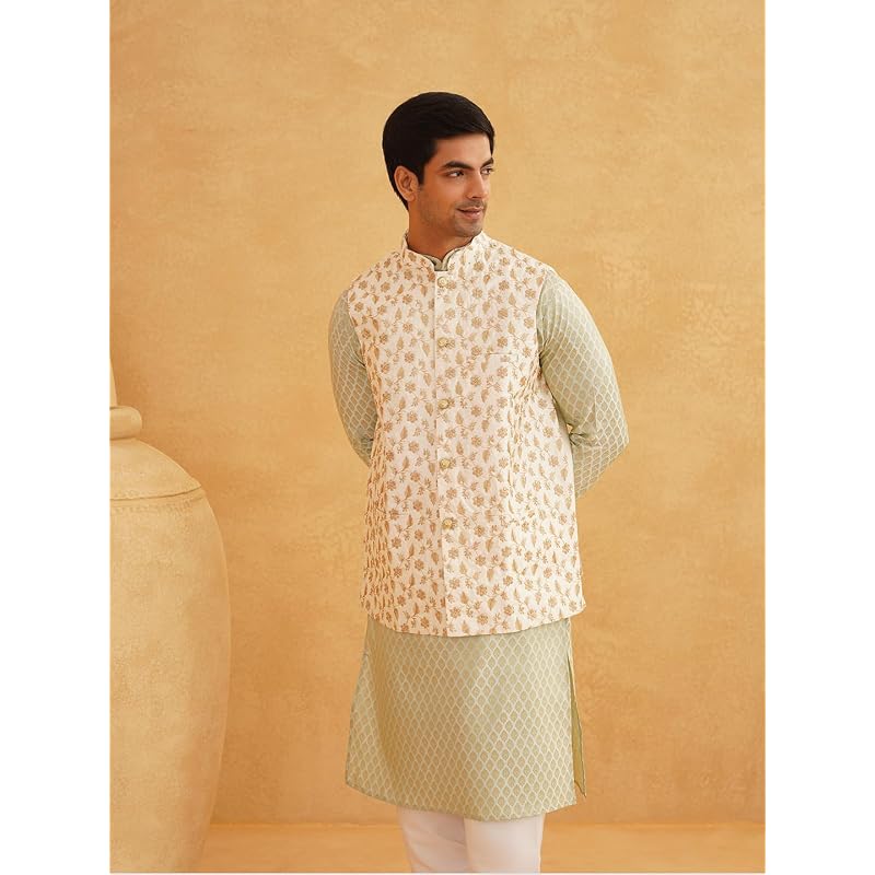 SOJANYA (Since Men' Silk Blend Self Design Pista Kurta with Pyjama & Nehru Jacket