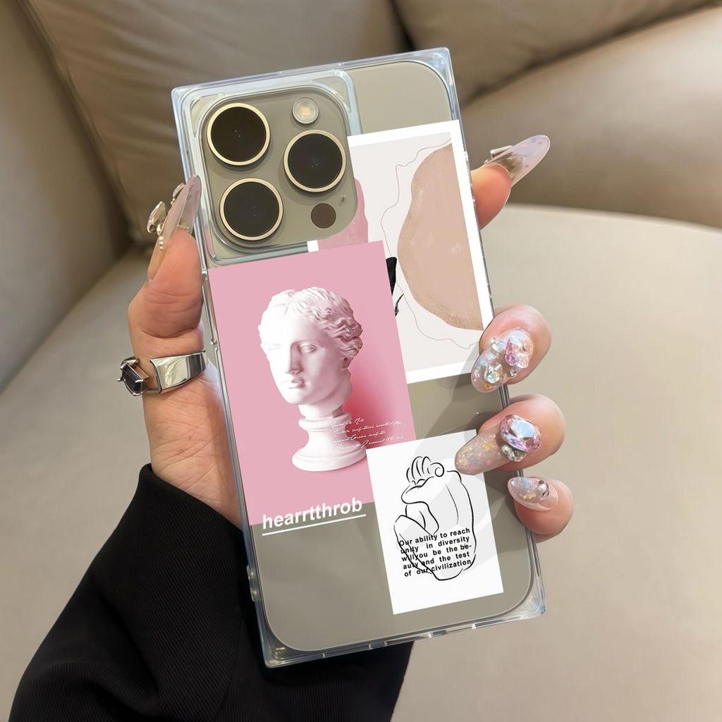 Clear Square Back Tube Case Protection For iPhone 12 11 14 Pro Max 16 ProMax 15 Plus 13 Anti-Oxygen,Art Statue Pattern Casing