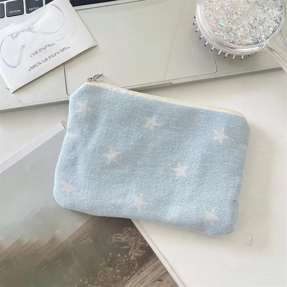 Cute Star Print Coin Purse Denim Ultralight Lipstick Earphone Storage Bag with Zipper Small Coin Wallet светло-синий