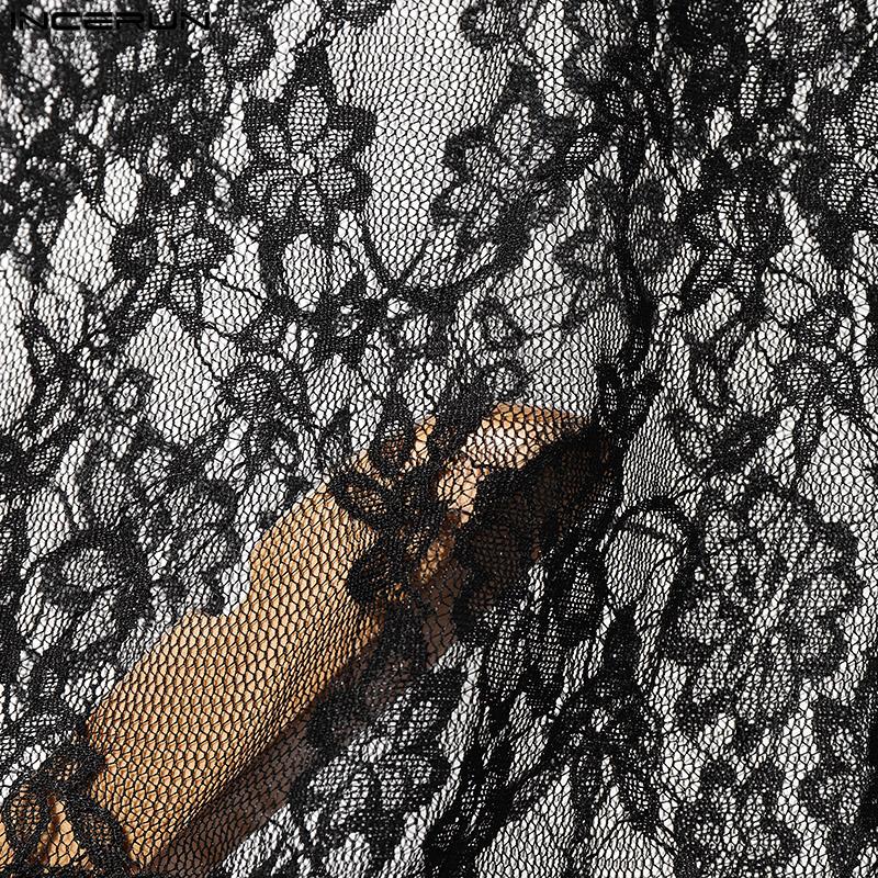 INCERUN Summer Men V Neck Sleeveless Patchwork Mesh Sheer Lace Tank Tops