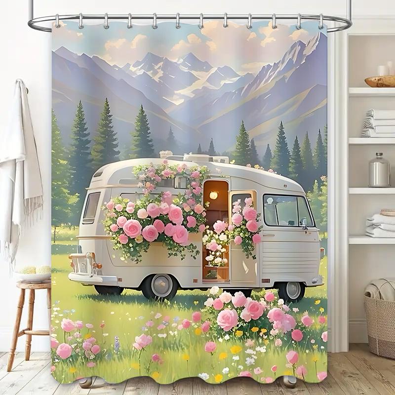

Charming Floral Camper Shower Curtain Nature Inspired Home Decor Waterproof Fabric Bathroom Accessories Set with Hooks 90X180cm(35x70in)