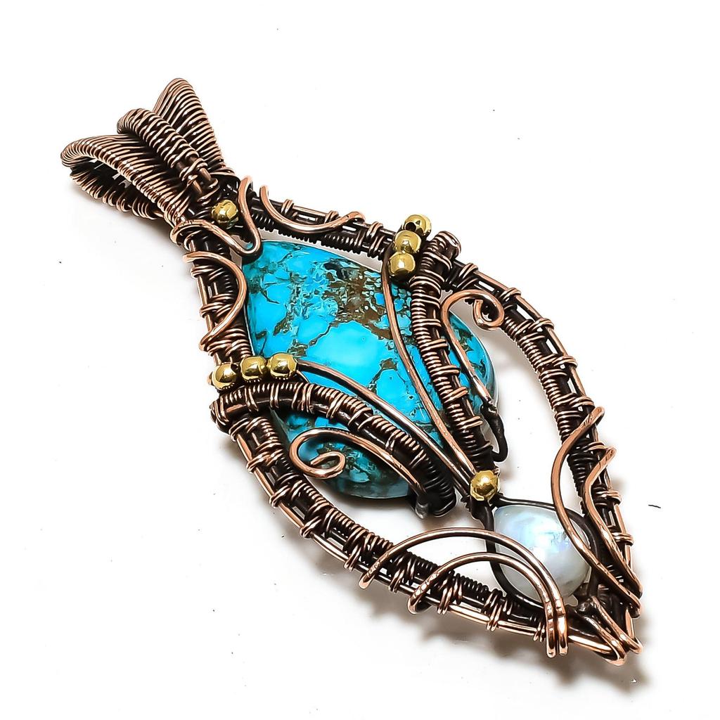 Turquoise & Moonstone Pendant, Gemstone  999 Copper Wire Wrapped Jewelry Pendant, Handmade Jewelry Birthstone Pendant, Gift For Him
