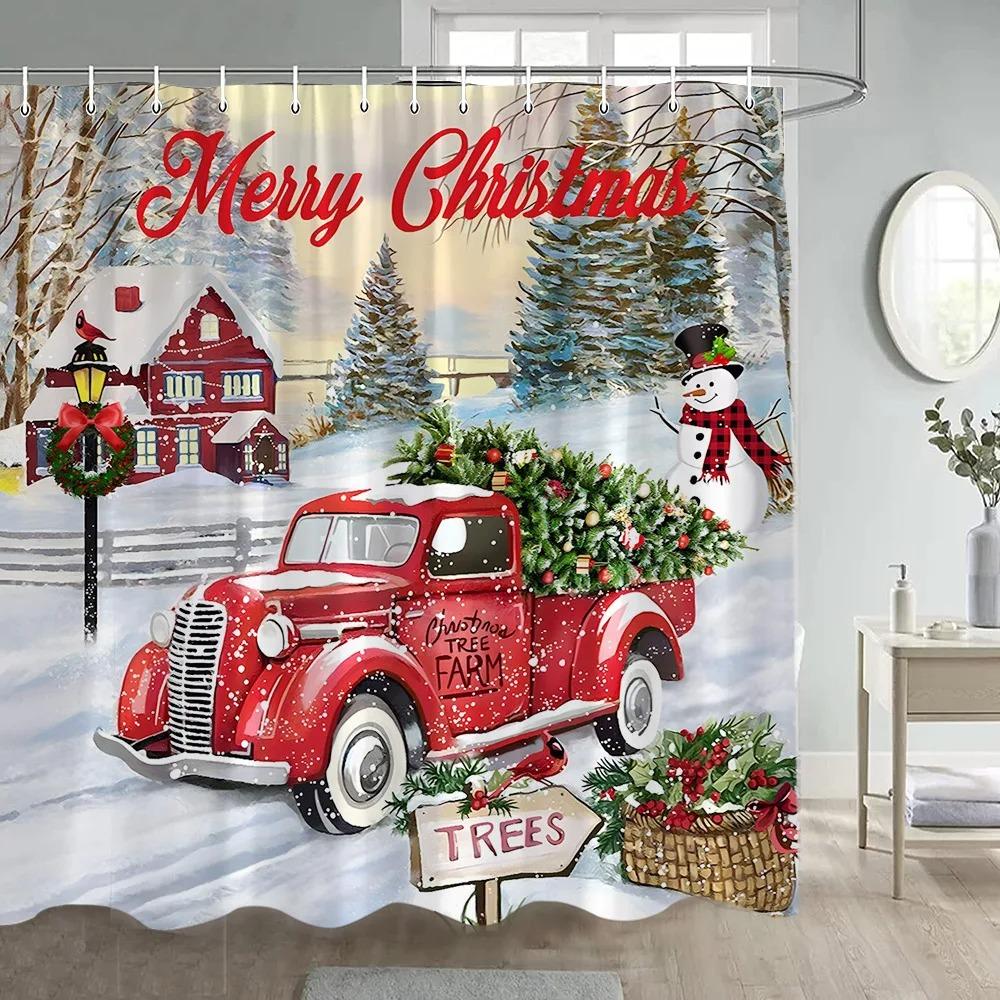Winter Christmas Shower Curtain Funny Snowman Xmas Trees Fireplace Truck Forest Snowy Scene New Year Holiday Home Bathroom Decor