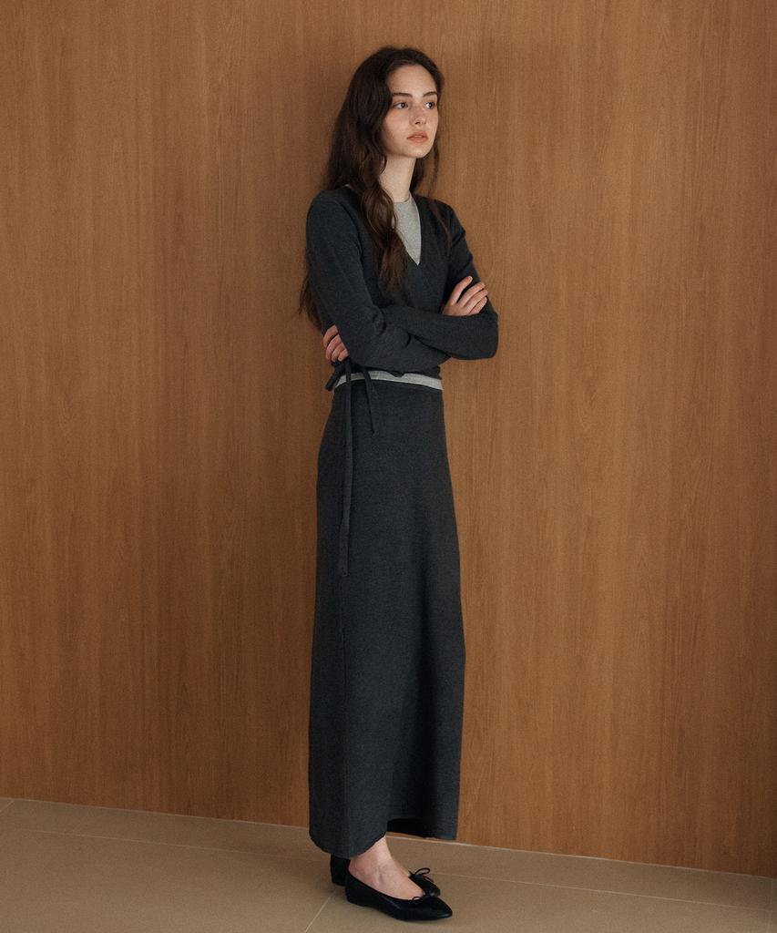 YUPPE [Set] Tie Wrap Knit Cardigan & Skirt_Charcoal