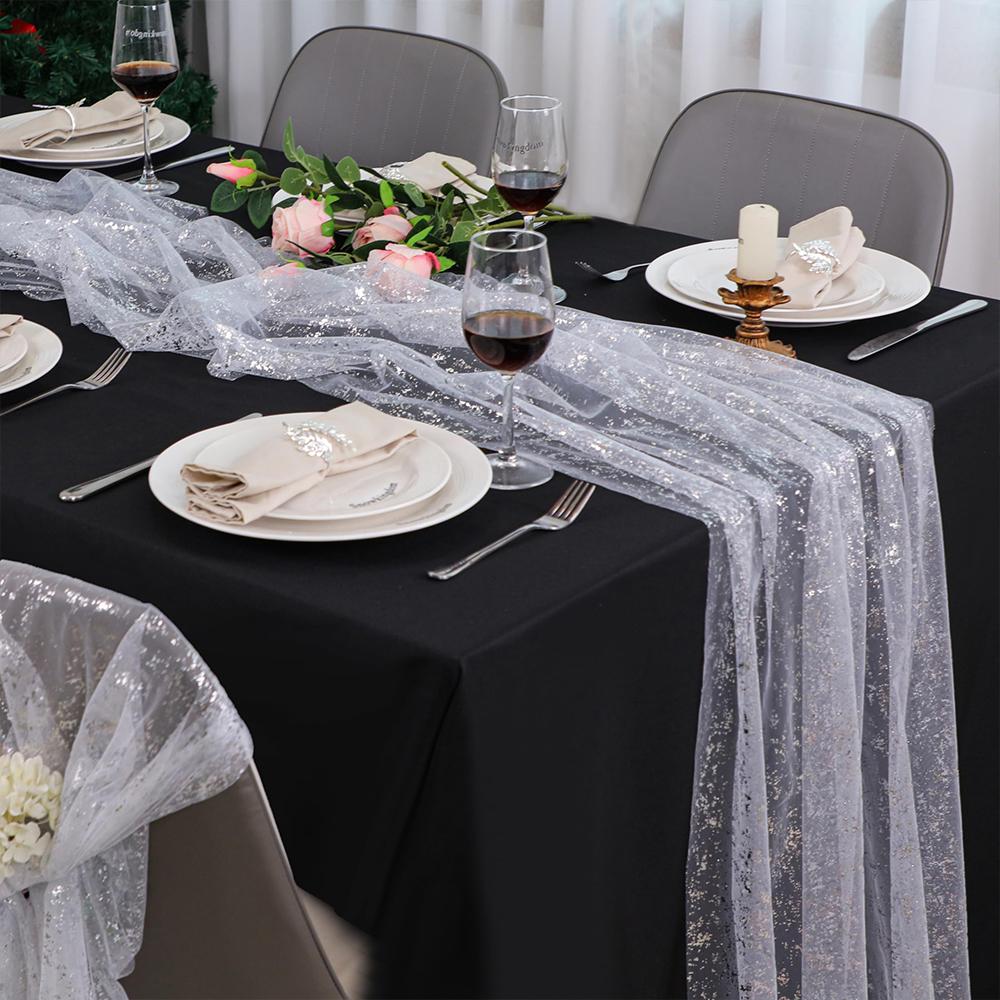 Genomskinlig bordslöpare Tüll Ostduk Paljetter Glitter Metallisk Folie Guld Festbordsdekorationer för Bröllop Födelsedag Babyshower