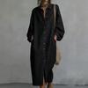 Damen Reverskragen Knopfleiste Hemdkleid Langarm Denim Midi-Kleid mit Taschen