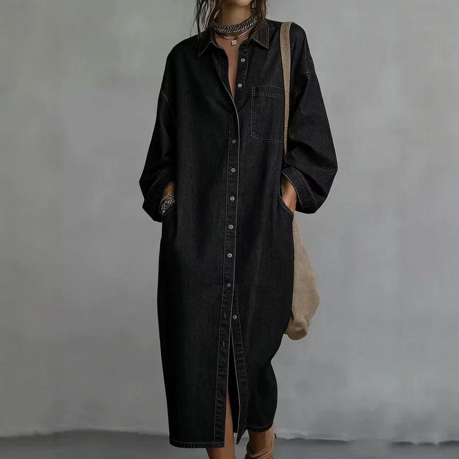 Damen Reverskragen Knopfleiste Hemdkleid Langarm Denim Midi-Kleid mit Taschen
