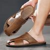 Men Slippers Handmade Simple Flats Brown Leather Sandals Black Summer Roman Sandals Closed Toe Beach Shoes Plus Size