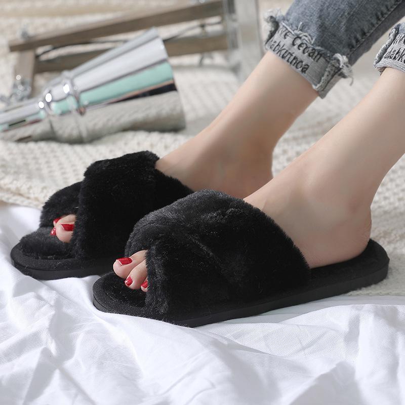 A12 Winter Double-striped Cross-hairy Slippers, Home Indoor Slip-resistant Thermal Cotton Slippers, Korean Version of Fashion Slippers