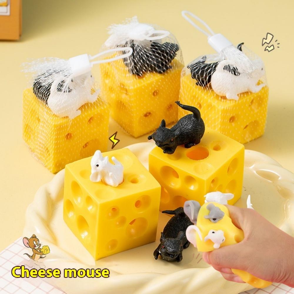 3pcs Mouse Drill Cheese Finger Anti Pressure Toy Elastic Stretch Mouse Hidden in Cheese Hole Block Stress Relieving Latex Toy