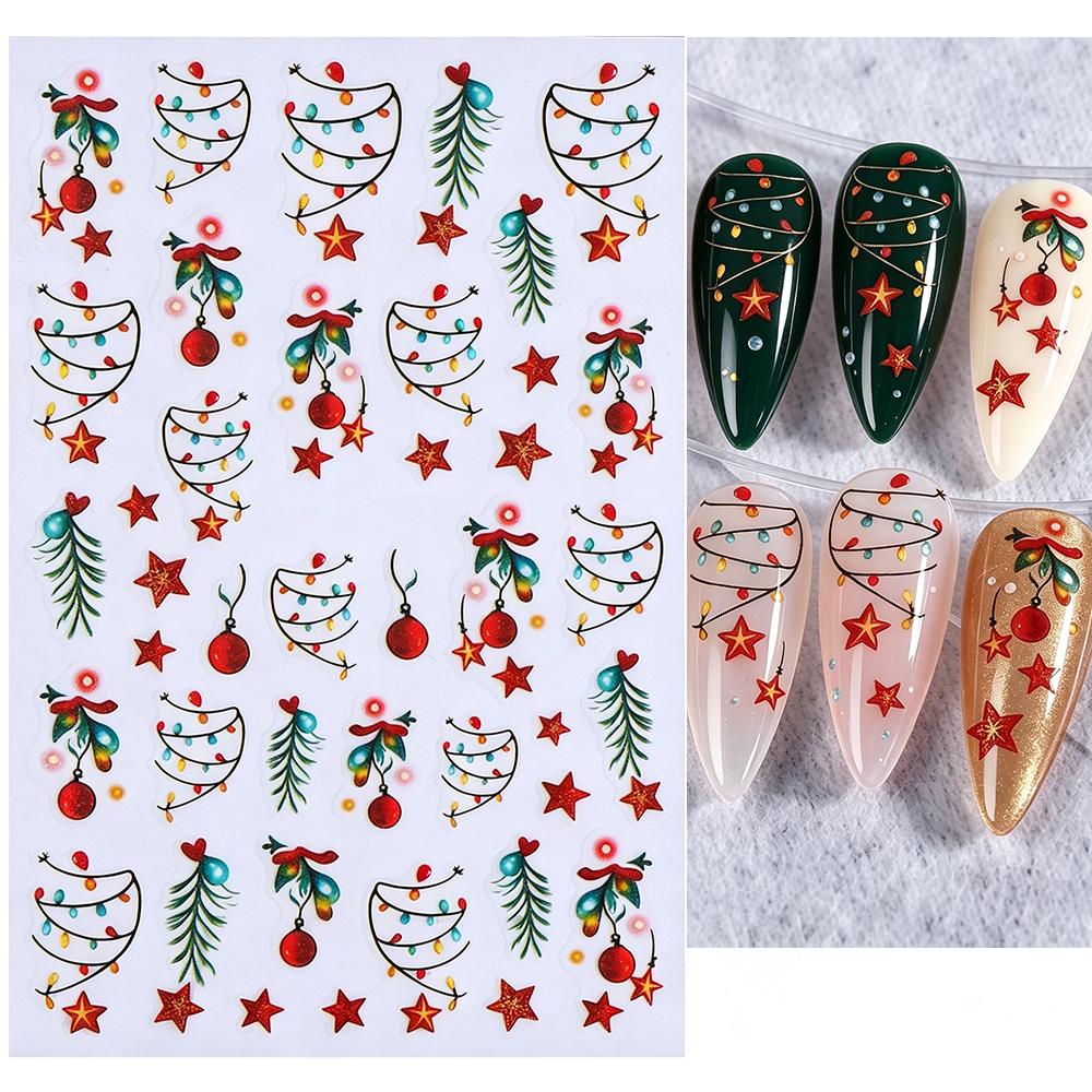 1PC 3D Luminous Colorful Light Christmas Nail Stickers Green Pine Branch/Red Bauble Star Nail Decals Adhesive Holiday Nail Decor