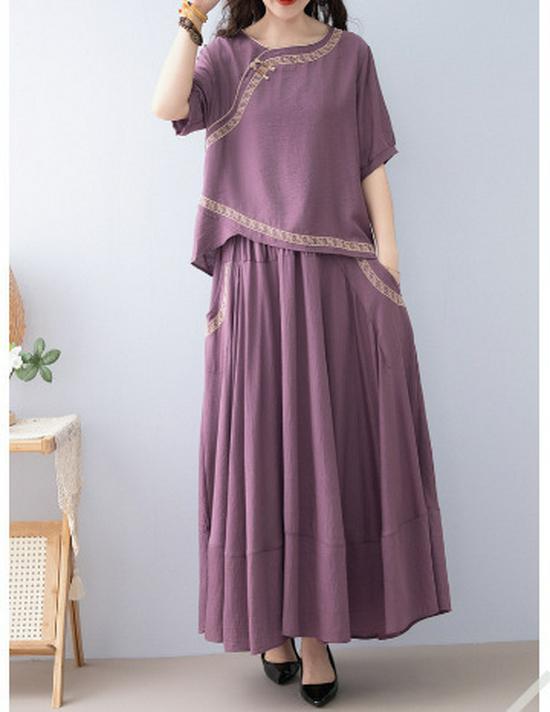 Fashionable Ethnic Midi Skirt Two-Piece Set for Women (2025 Summer)