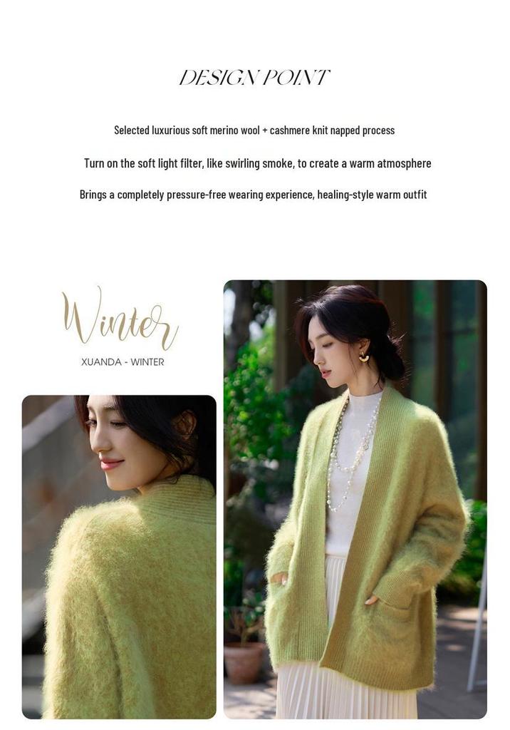 Women's V-Neck Heavyweight Pure Wool Cardigan Coat - Autumn/Winter Style, Pocketed, Buttonless, Plush Long Hair, Plus Size, Mid-Length