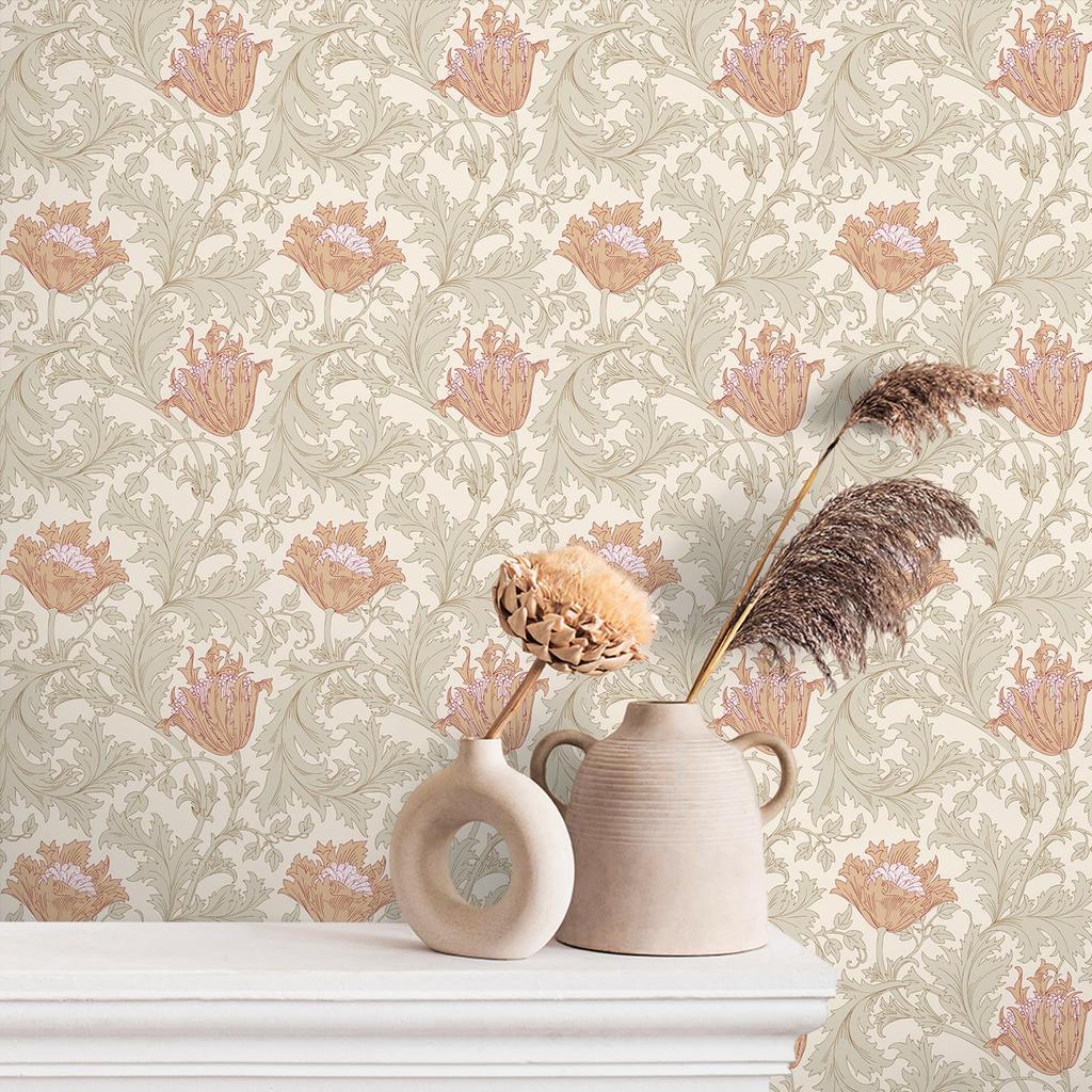 VEELIKE Wallpaper Floral Removable Damask Leaf Heat Sticker Cutting Wall Removable Fusuma Vintage Sticker, Pattern, Wallpaper, Beige, Style, Pattern,