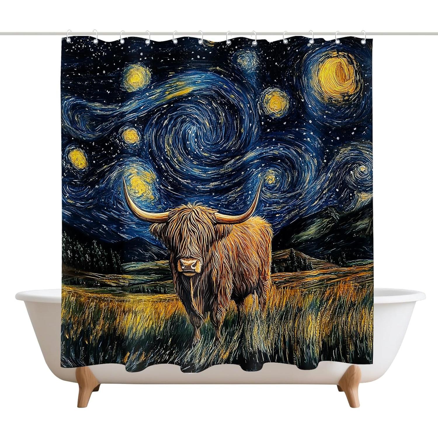 Funny Highland Cow Shower Curtains Starry Night Barn Door Decor Polyester Fabric Waterproof Bathroom Curtains Set with 12 Hooks, 90x180cm