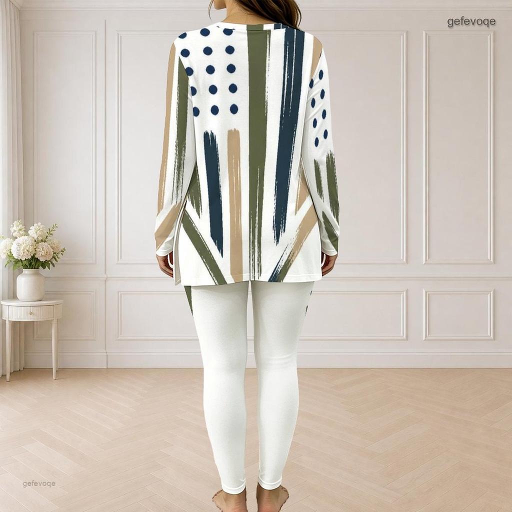 Women Plus Size Red White Blue Printed Half Zip Long Sleeve Long Top Fitted Pants Two Piece Set