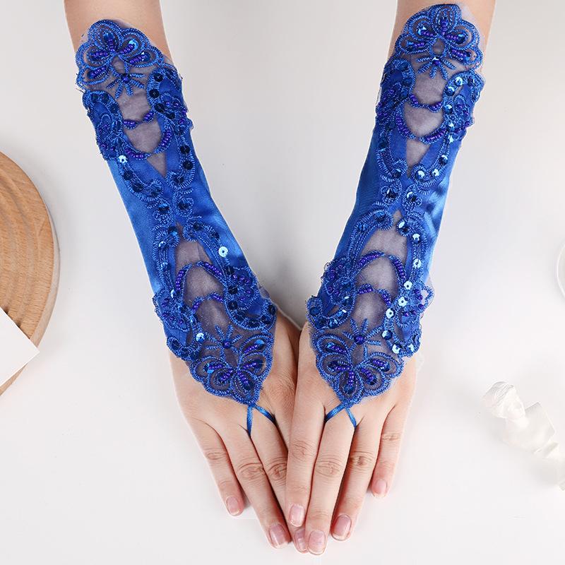 Satin Embroidery Hollow Out Beaded Gloves For Wedding Dresses Sequins Fingerless Wedding Accessories Elegant Bridal Gloves