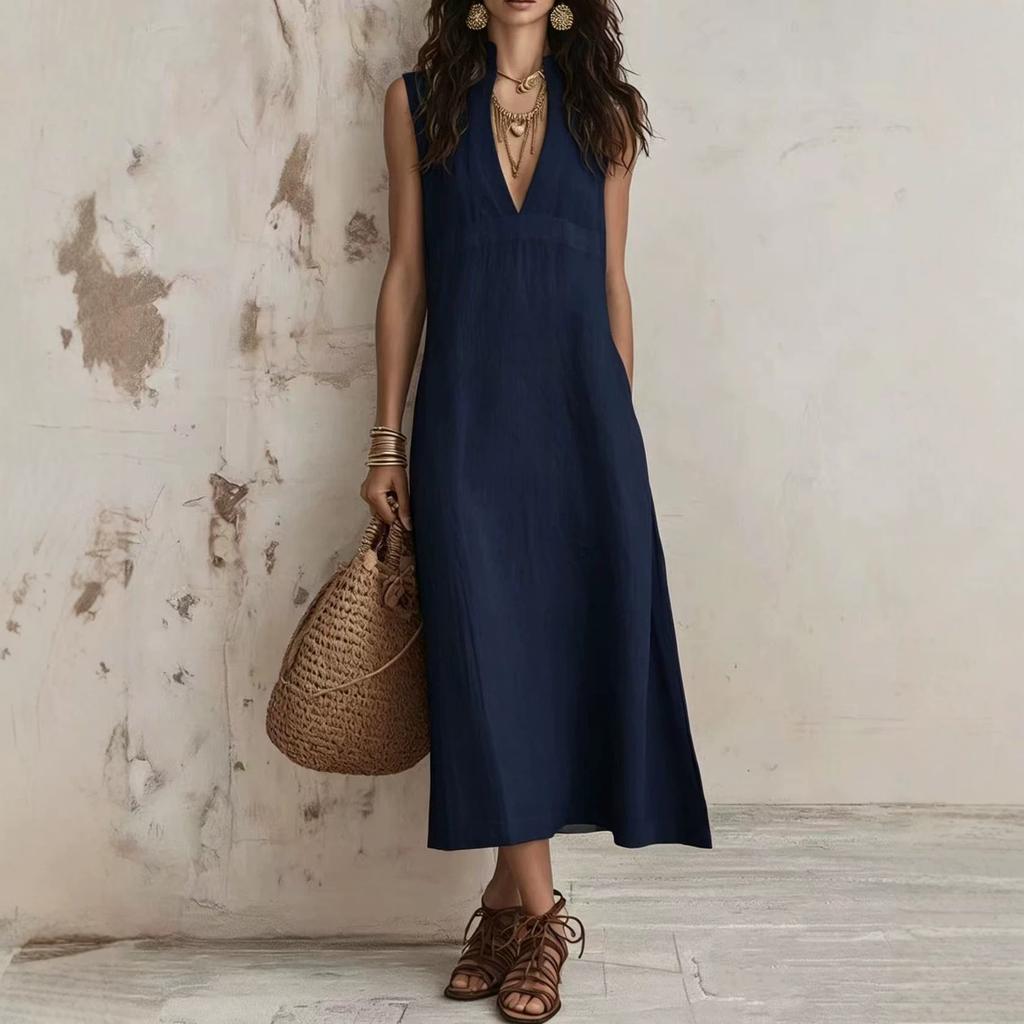 2026 New Women's Sleeveless Stand-up Neck V-neck Dress, High Waist Loose Split Fork Summer Casual Long