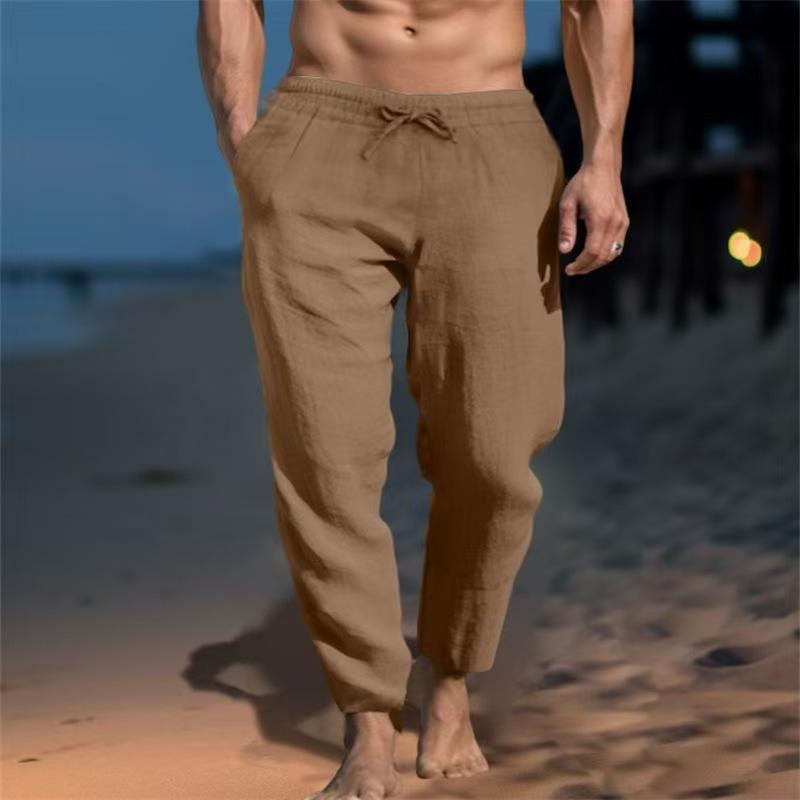 European and American New Men's Solid Color Drawstring Cotton and Linen Loose Casual Beach Casual Pants