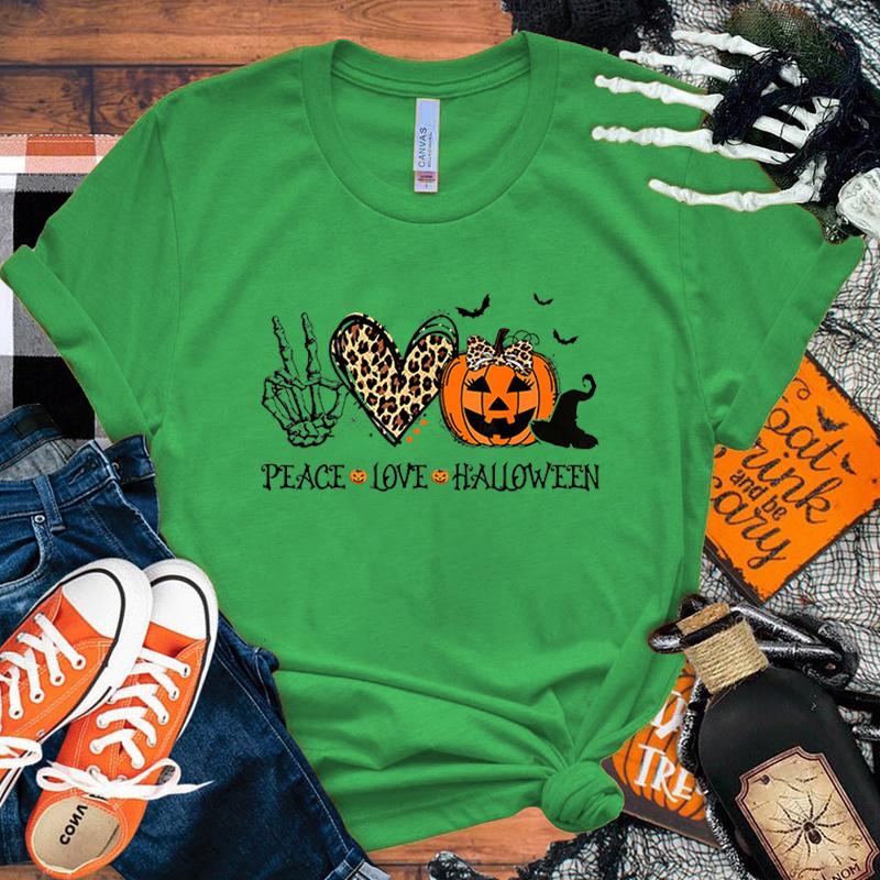

Новые футболки с принтом Peace Love Halloween для женщин и мужчин, летняя футболка, Харадзюку, повседневные, с круглым вырезом, с коротким рукавом 4XL