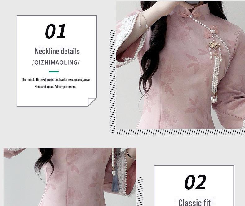 Podzim 2025 Růžový semišový čínský oděv s velkými obrácenými rukávy – Moderní čínský styl pro ženy