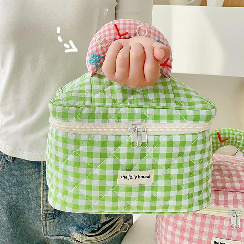 Lovely Grid Design Cosmetics Storage Bag Cloth Zipper Handbag Makeup Bag