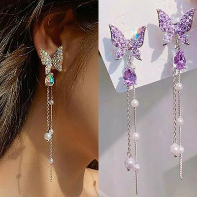 Pendientes de Mariposa Dulce Con Un Grado Alto Y Elegante, Presentando Un Diseño de Borla Larga de Perlas Que Acentúa El Rostro Y Efecto Adelgazante