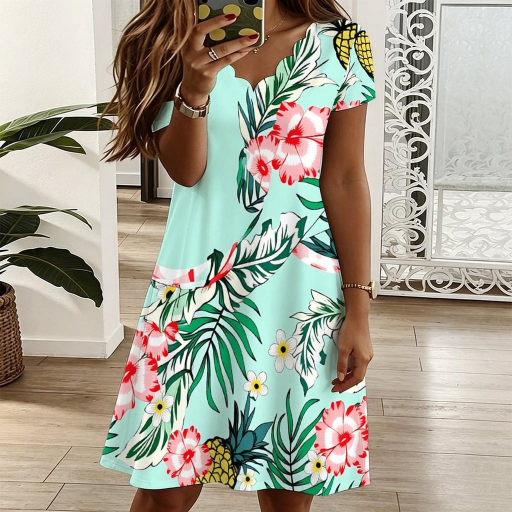Plus Size Ladies V Neck Short Sleeve Dress Tropical Leaf Printed Flowy Dress For Beach Vacation And Everyday Use